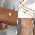Charms Pave Initial Letter Bracelet, Paperclip Satellite Chain Stainless Steel Gold Plated, Handmade Jewelry for Women