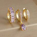 3PCS Stainless Steel Gold Plated Hoop Earrings Zircon Pendant