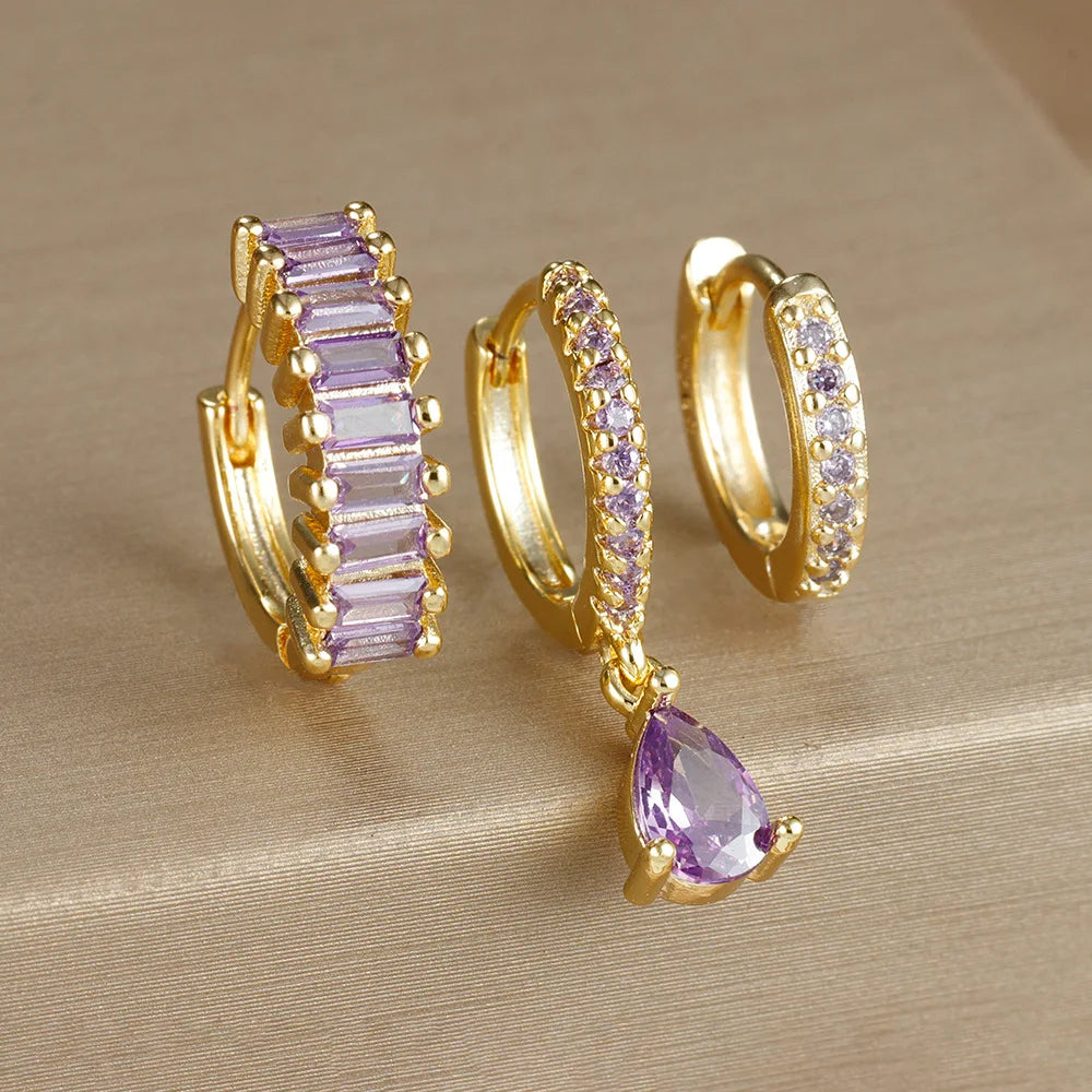 3PCS Stainless Steel Gold Plated Hoop Earrings Zircon Pendant