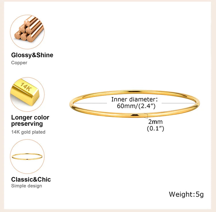 Women Bangle Bracelet Stainless Steel, 18k Gold Plated 2mm Stackable Glossy Thin Jewelry