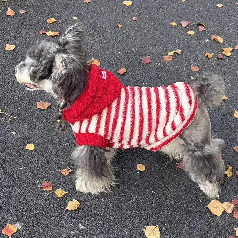 Red Stripe Hooded Dog Cat Vest, Warm Plush Fleece Jacket for Small Medium Pets, Winter Coat with Cute Animal Costume Hood