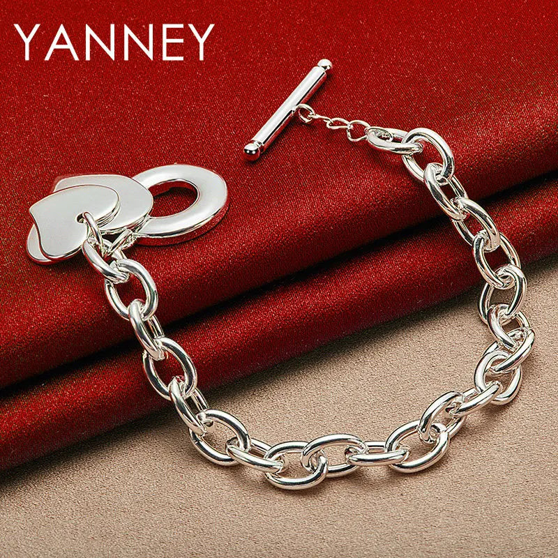 925 Sterling Silver 8-inch Double Layer Heart Bracelet Women Jewellery Gift