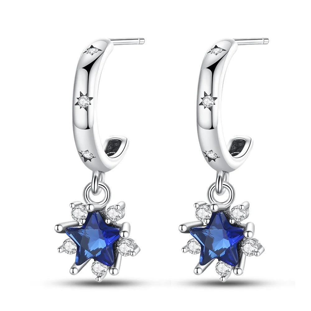 925 Sterling Silver Blue Zircon Starry Sky Hoop Earrings Trendy Jewellery