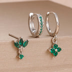 3PCS Fashion Orange Blue Zircon Hanging Earrings Stainless Steel Flower