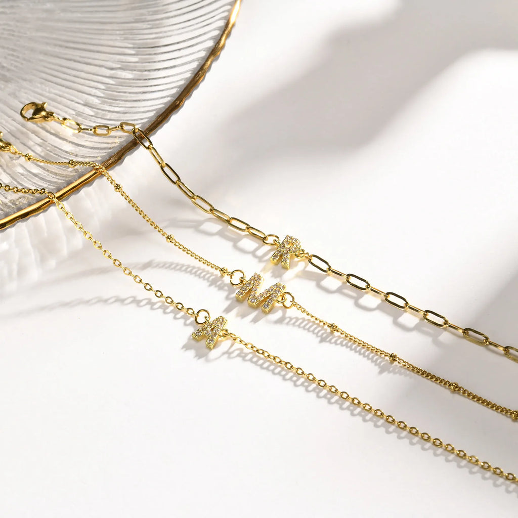 Charms Pave Initial Letter Bracelet, Paperclip Satellite Chain Stainless Steel Gold Plated, Handmade Jewelry for Women