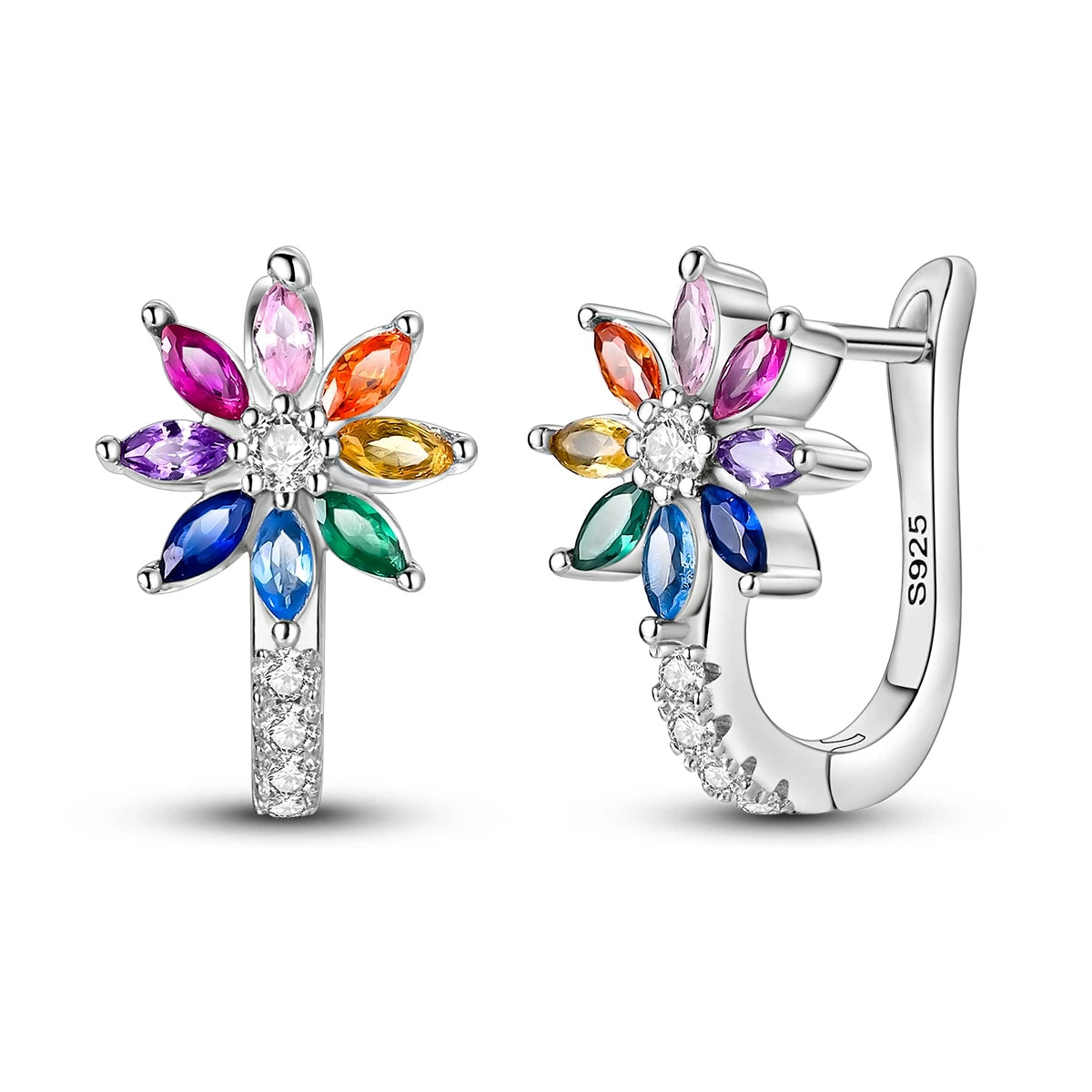 925 Sterling Silver Flower Plant Zircon Circle Hoop Earrings Jewellery Gift