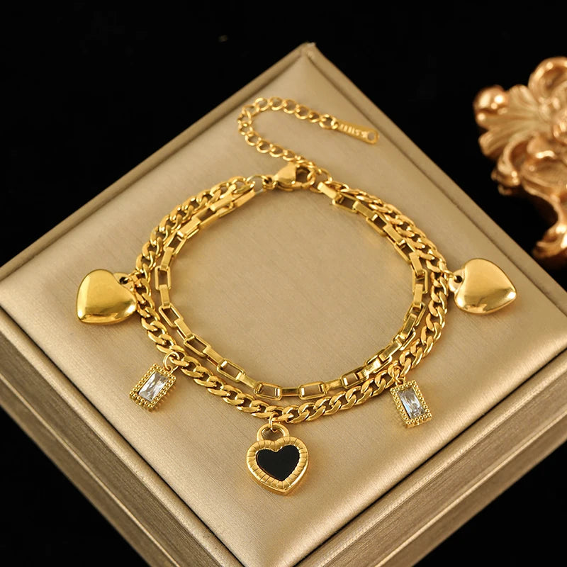 Reversible Heart Stainless Steel Charm Bracelet 18K Gold Plated Waterproof