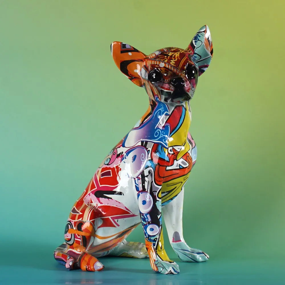 Resin Graffiti Chihuahua Dog Sculpture Animal Statue Pop Art Home Living Room Shelf