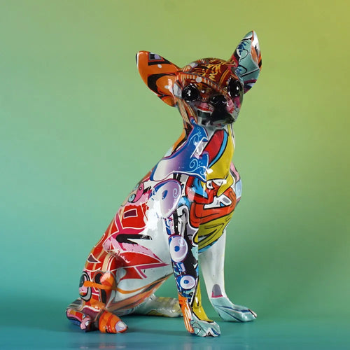 Resin Graffiti Chihuahua Dog Sculpture Animal Statue Pop Art Home Living Room Shelf