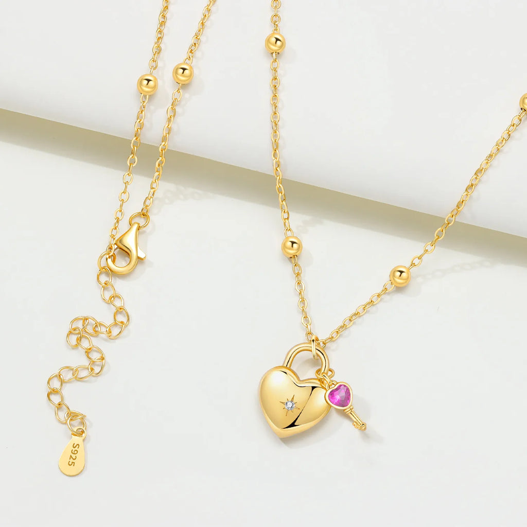 Original 925 Sterling Silver 18K Gold Heart Lock and Key Necklace Y-shaped Chain Necklace For Women Memorial Prayer Jewelry Gift
