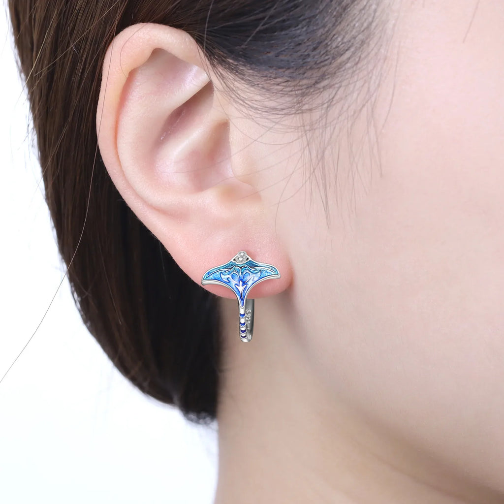 925 Sterling Silver Blue Devil Fish Hoop Earrings Anniversary Jewellery Gift