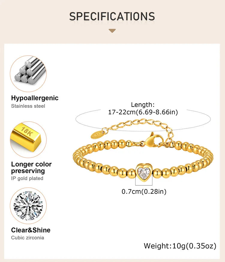 Zirconia Heart Bracelet for Women, Beaded Strand Link Bangle Gold Plated, Stainless Steel Adjustable Bracelets