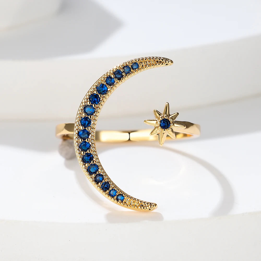 Boho Minimalist Blue Stone Female Stacking Star Moon Rings For Women Gold Color White Crystal Opening Ring Wedding Bands Gifts