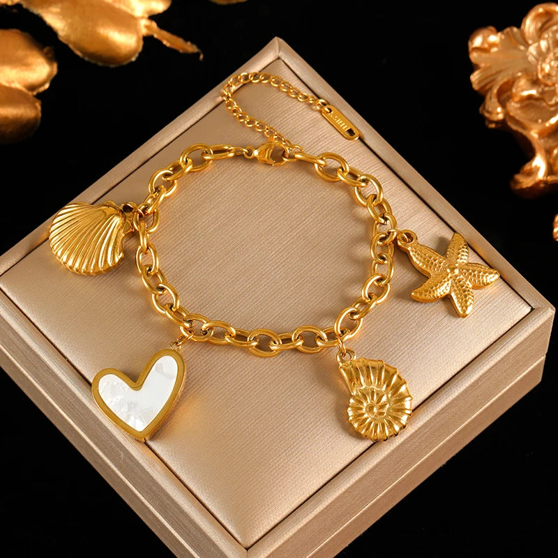 Golden Sun Moon Starfish Stainless Steel Bracelet Handmade Wrist Chain