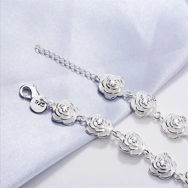 Rose Flower Chain Bracelet 925 Sterling Silver Women Pretty Wedding Jewellery