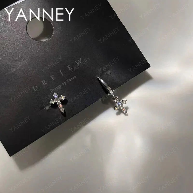 925 Sterling Silver Cross Zircon Stud Earrings Men Women Sparkling Jewellery