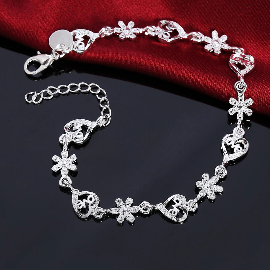 Crystal Heart Flower Chain Bracelet 925 Sterling Silver Romantic Wedding