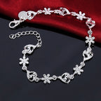 Crystal Heart Flower Chain Bracelet 925 Sterling Silver Romantic Wedding