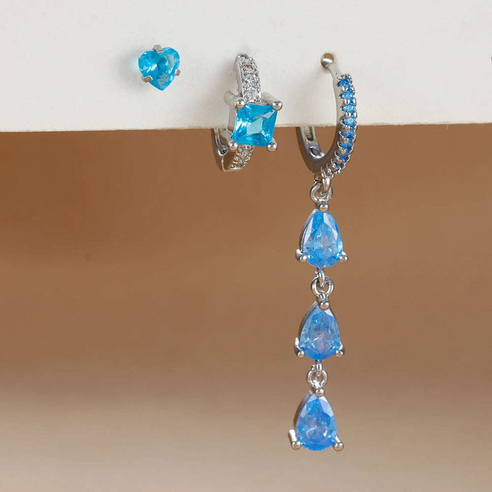 3PCS Stainless Steel Zircon Water Drop Hoop Earrings 18K Gold Heart