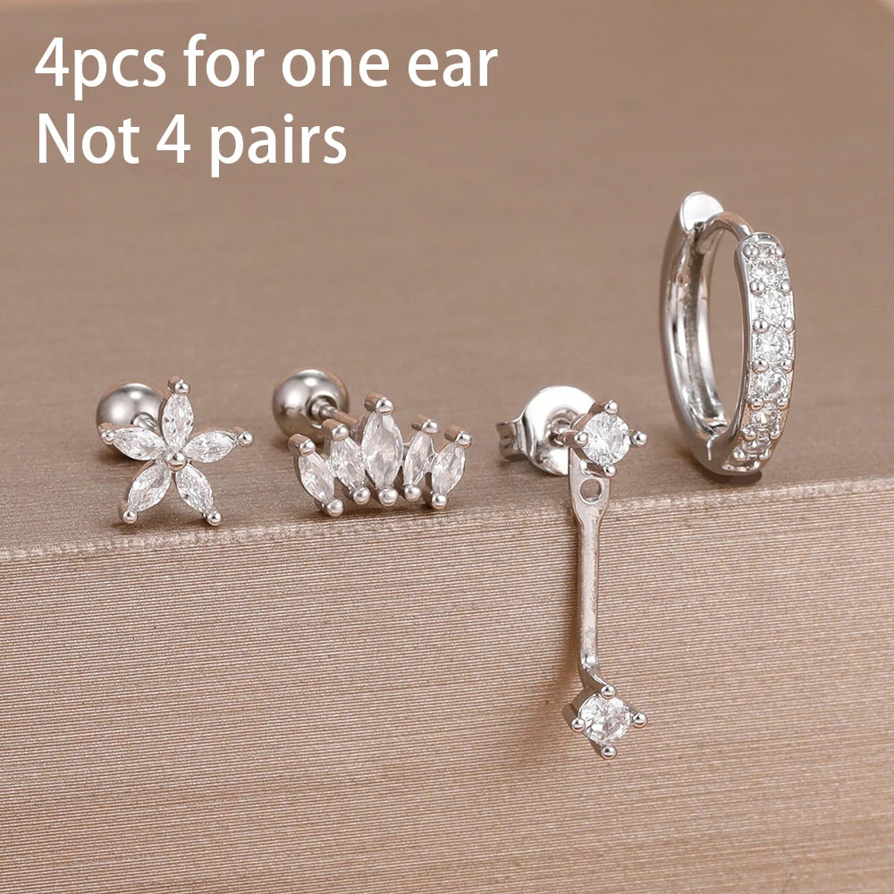 4pcs Korean Stainless Steel Zircon Water Drop Piercing Earrings Set