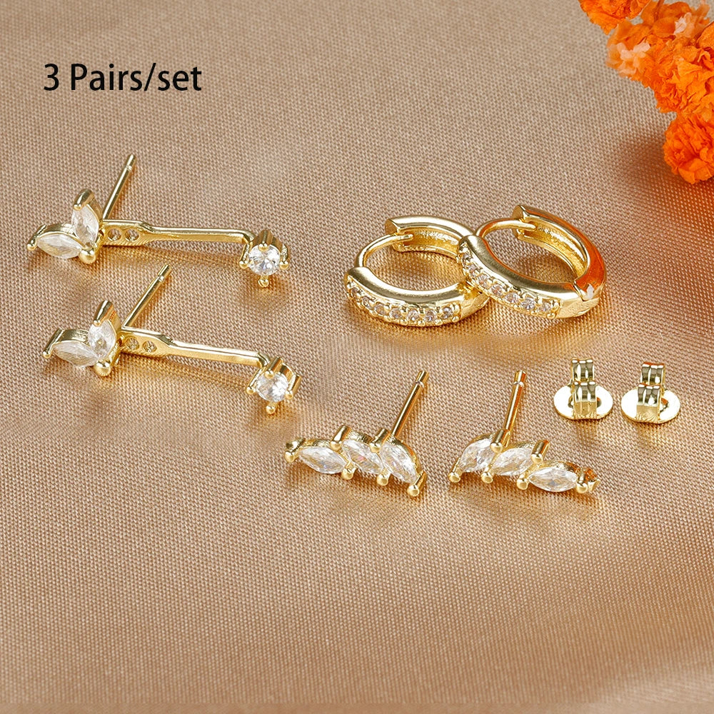 3 Pairs Exquisite Zircon Little Huggies Hoop Earrings Set Steel