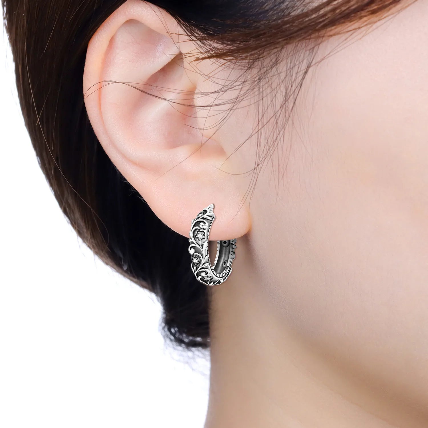 925 Sterling Silver Curled Grass Pattern Flower Hoop Earrings Women's Jewellery
