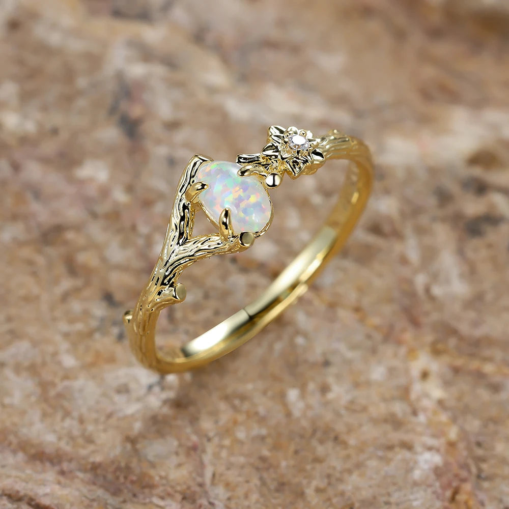 Charm Plant Flower Ring Gold Color White Fire Opal Rings For Women Zircon Wedding Bands Oval Stone Engagement Ring Jewelry Gifts