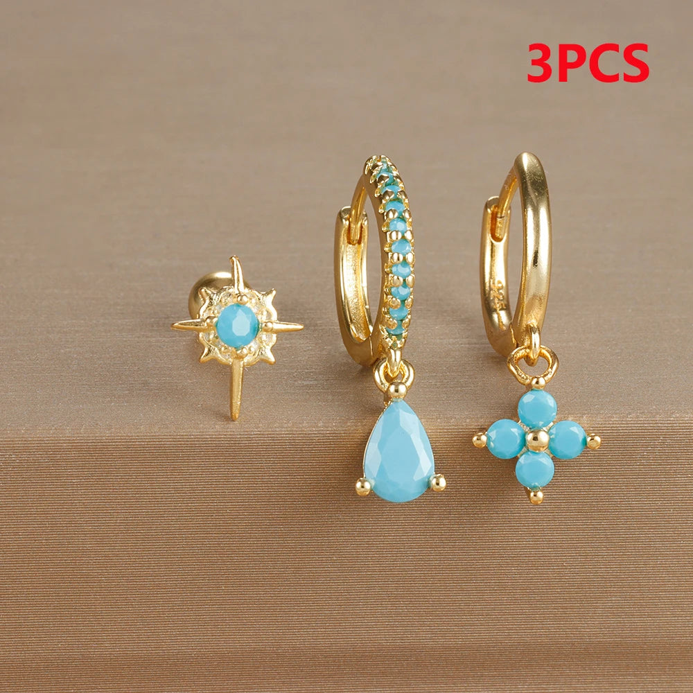 3PCS Stainless Steel Cubic Zirconia Water Drop Hoop Earrings Blue