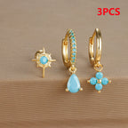 3PCS Stainless Steel Cubic Zirconia Water Drop Hoop Earrings Blue