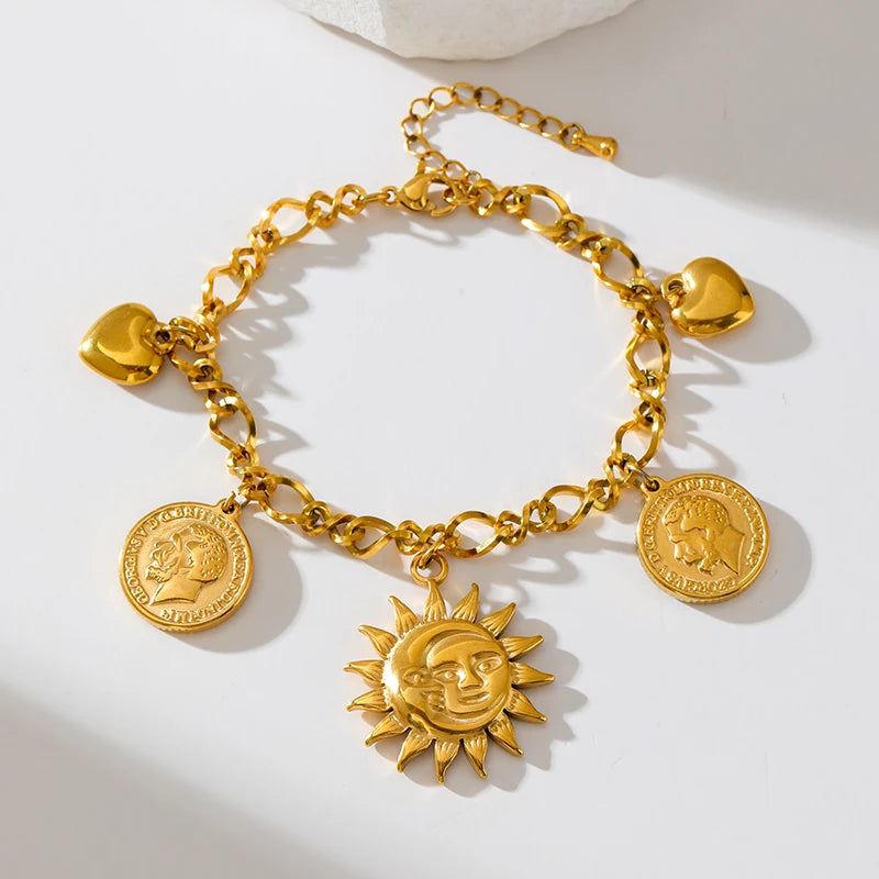 Golden Sun Moon Starfish Stainless Steel Bracelet Handmade Wrist Chain