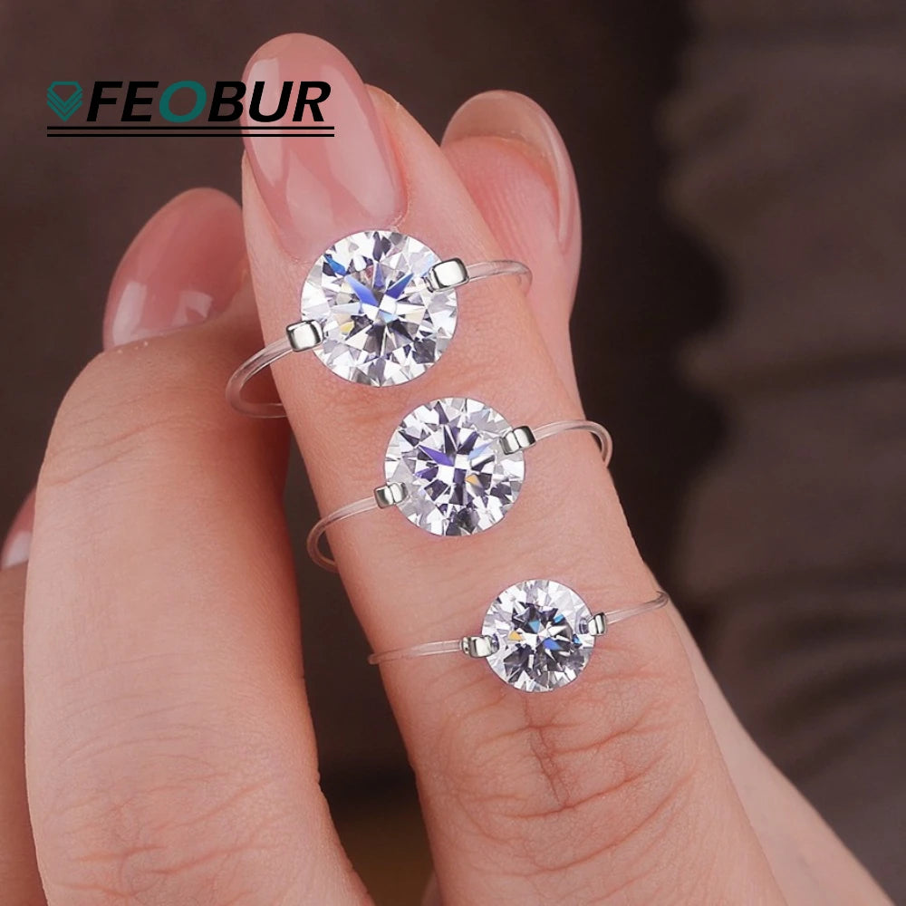 1-3CT D Color Moissanite Transparent Fishing Line Ring S925 Silver Round Lab Diamond Certified