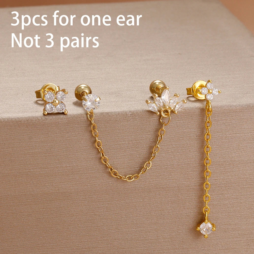 3PCS Fashion Simple Zircon Hoop Earrings Set Stainless Steel Punk
