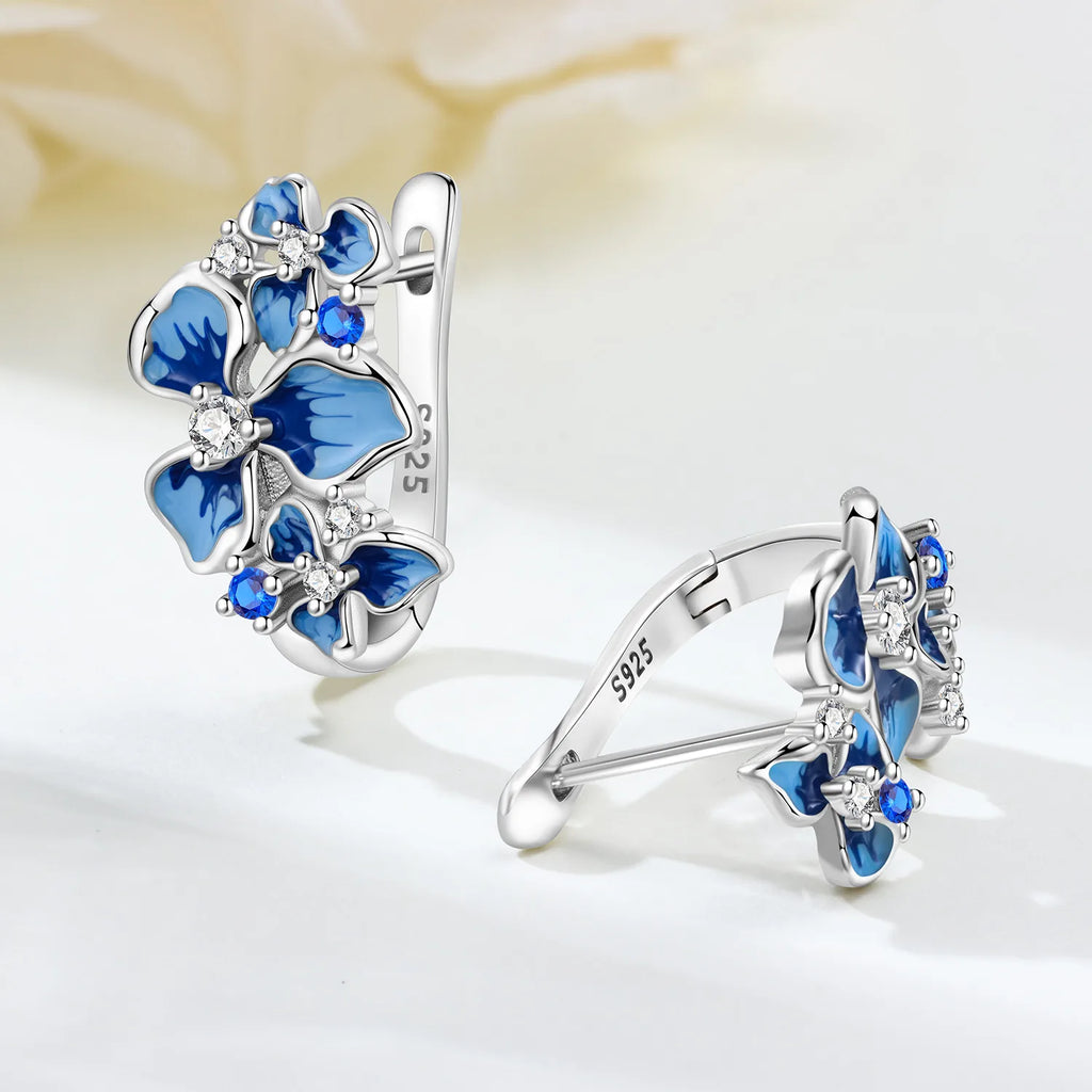 925 Sterling Silver Blue Iris Flower Hoop Earrings Anniversary Jewellery Gift