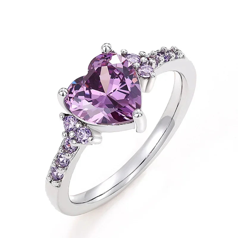 925 Sterling Silver Sparkling Zircon White Purple Elegant Love Heart Ring Party Engagement Jewellery