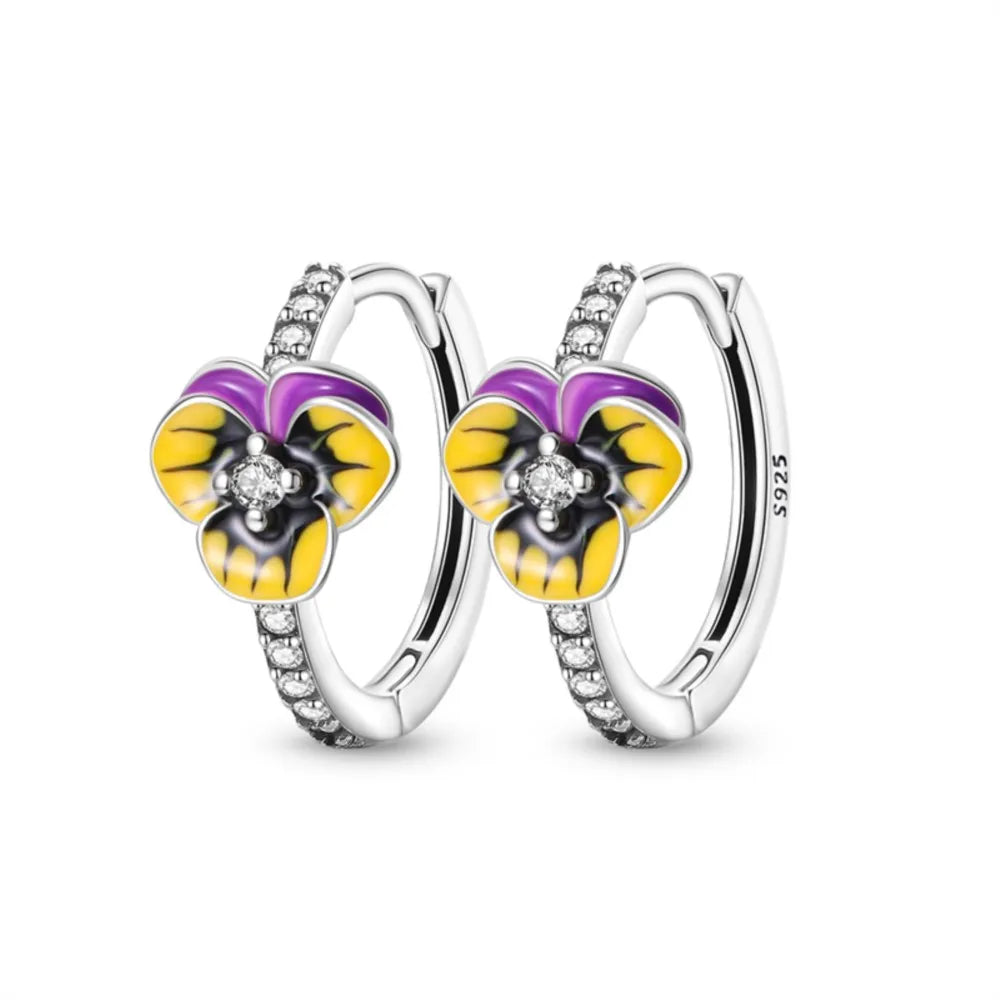 925 Sterling Silver Flower Plant Zircon Circle Hoop Earrings Jewellery Gift