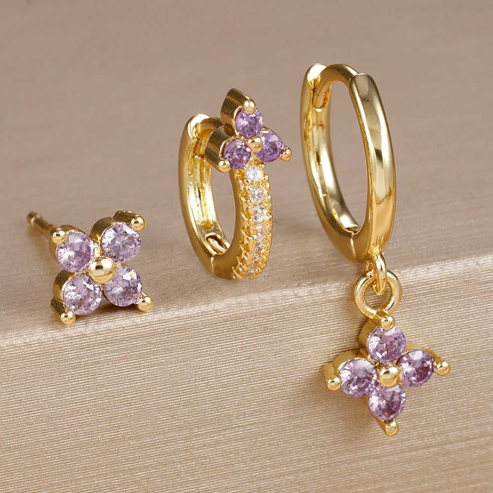 3PCS Gold Plated Lightning Flower Chain Drop Earrings Zircon Dangle