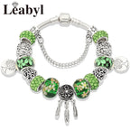 Silver Colour Tree of Life Bead Bracelet Green Leaf Crystal Charm Bangle