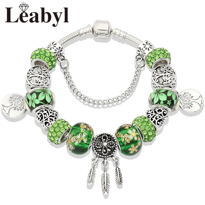 Silver Colour Tree of Life Bead Bracelet Green Leaf Crystal Charm Bangle