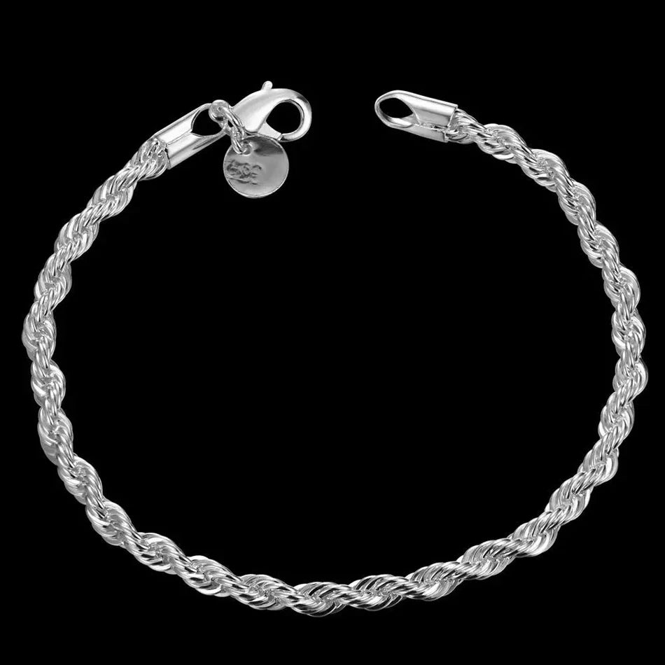 4mm Twisted Rope Chain Bracelet 925 Sterling Silver Men Women Christmas Gift