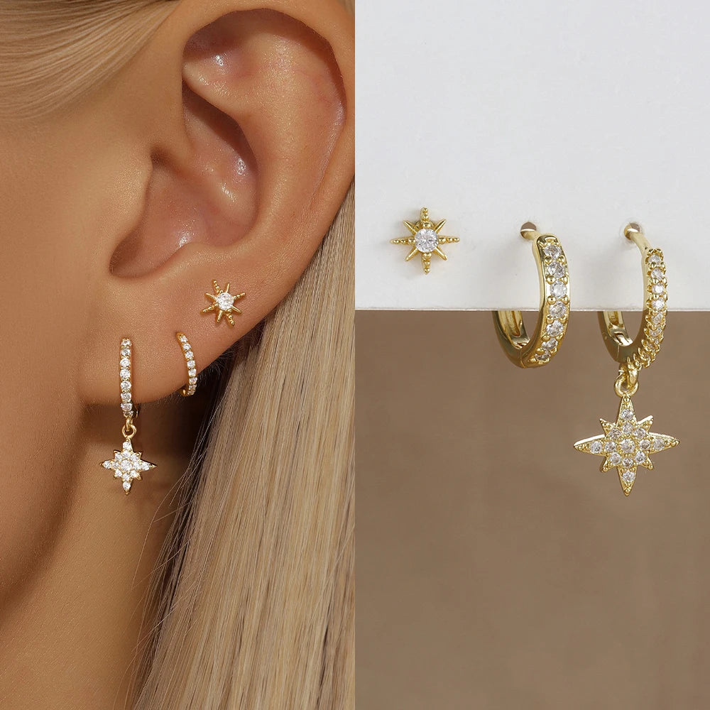 3PCS Gold Colour Star Earrings Set Zircon Pendant Stainless Steel