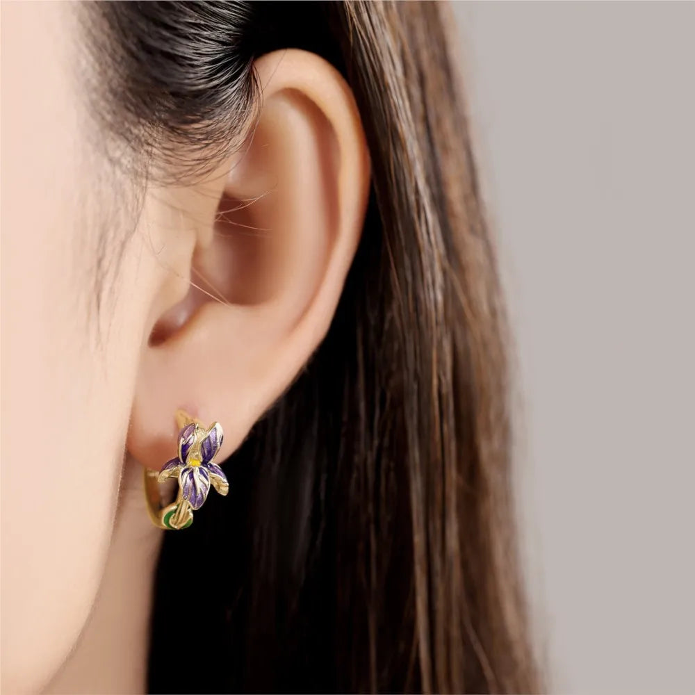 925 Sterling Silver Iris Flower Versatile Hoop Earrings Original Party Gift