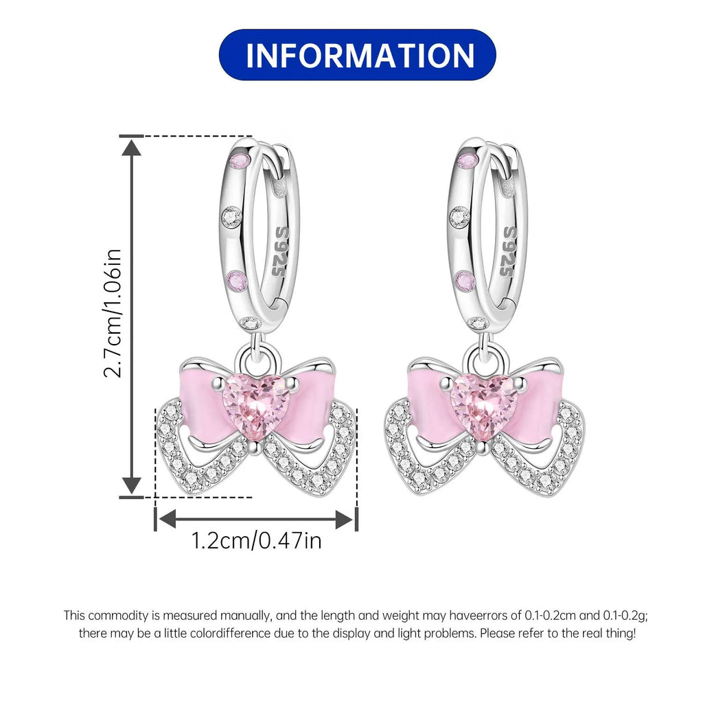 925 Sterling Silver Pink Sweet Bow Drop Earrings Trendy Anniversary Jewellery
