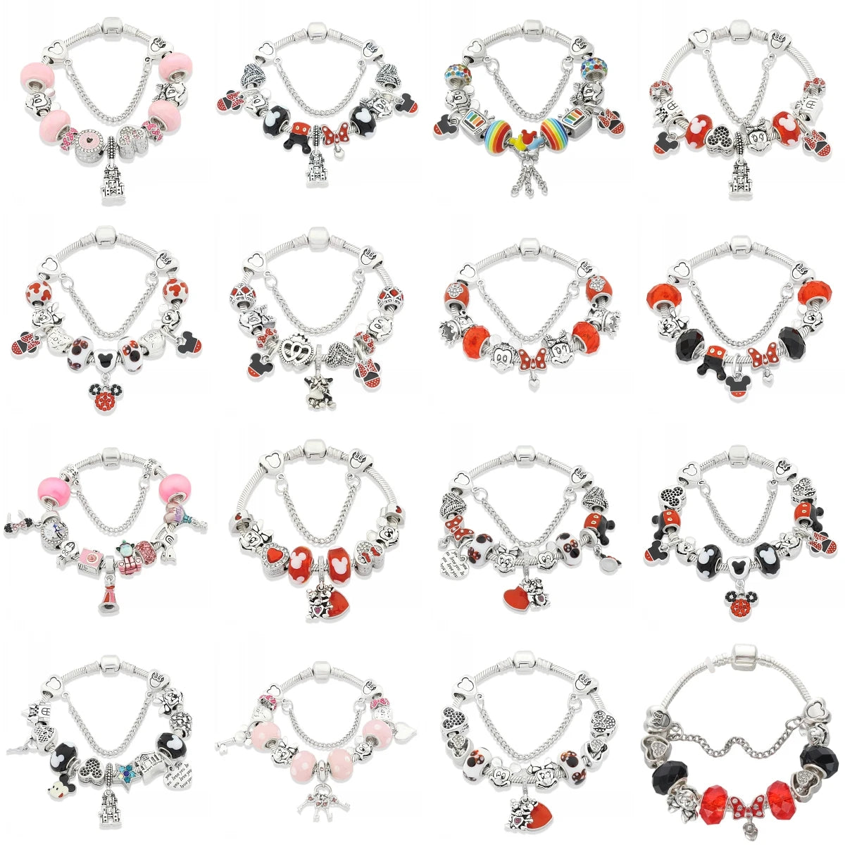 Red Pink Black Crystal Animal Charm Bracelet Heart Mickey Minnie Gift