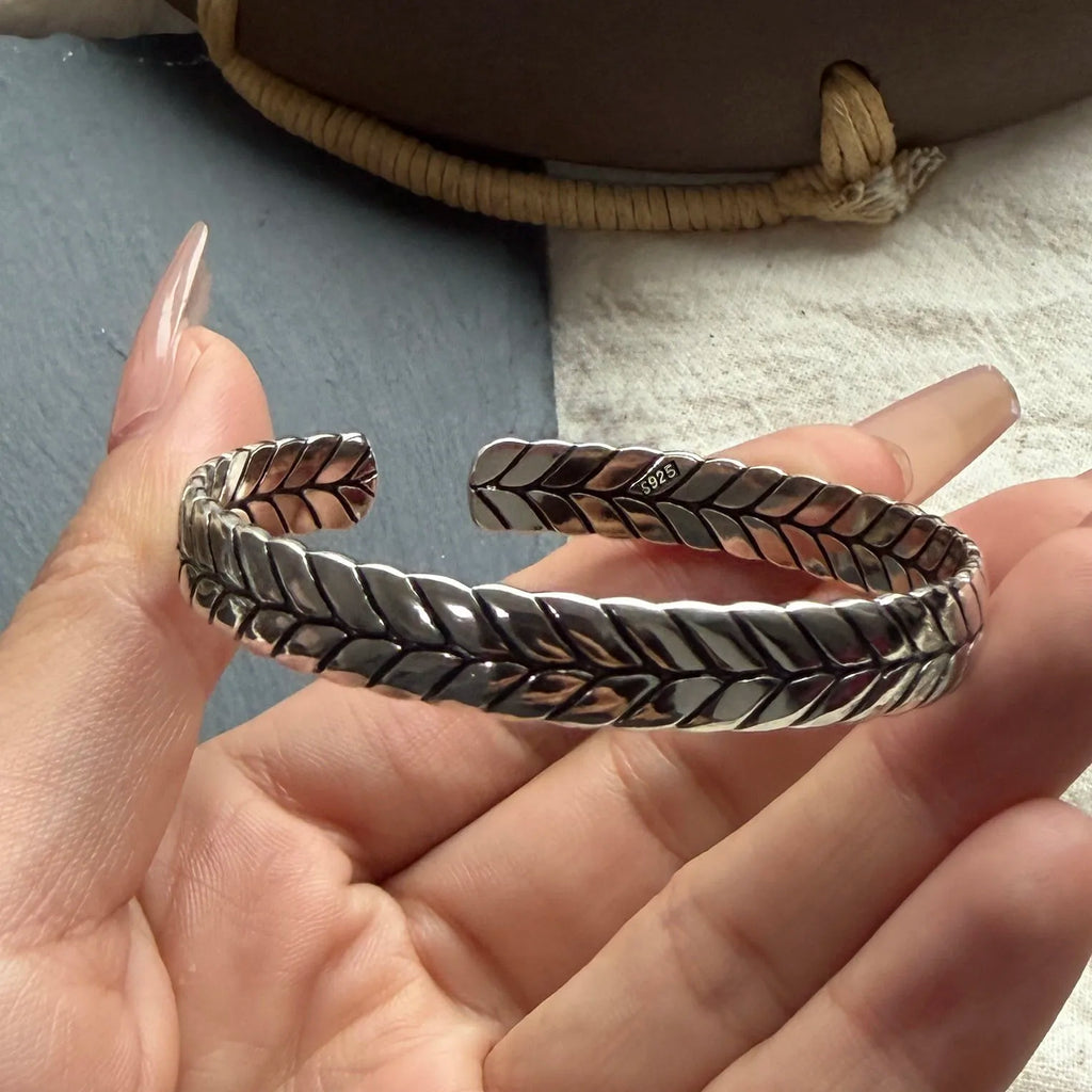 100% Solid 925 Sterling Silver Metal Bracelet for Women Men Vintage Black Stone Letters Handmade Simple Birthday Gift