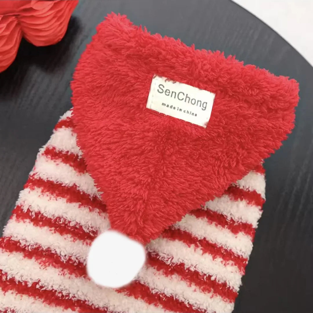 Pompom & Stripe Pet Hoodie, Red Plush Dog Cat Vest with Cute Hood, Soft Warm Fleece Jacket for Small Medium Puppy Kitten
