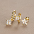 3PCS Vintage Design Four Flower Zircon Hoop Earrings Set Steel