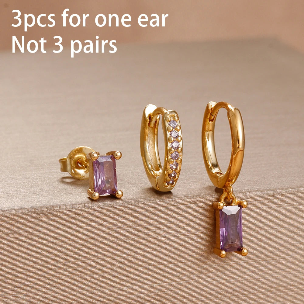 3PCS Purple Zircon Hoop Earrings for Women Stainless Steel Gold Pendant