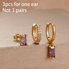 3PCS Purple Zircon Hoop Earrings for Women Stainless Steel Gold Pendant
