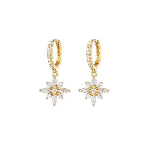 New Stainless Steel Water Drop Hoop Earrings Cubic Zirconia Flowers