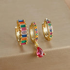3PCS Stainless Steel Gold Plated Hoop Earrings Zircon Pendant